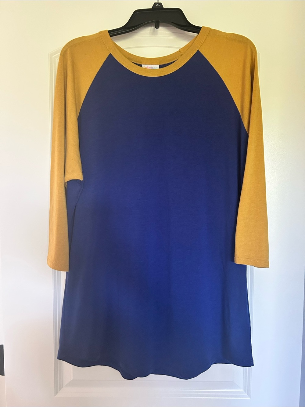LuLaRoe Navy and Mustard Raglan Shift top